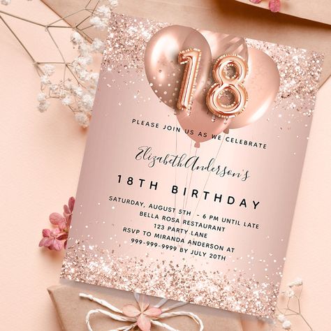 Birthday Rose Gold, Budget Birthday, Confetti Invitation, Balloon Invitation, Eighteenth Birthday, Rose Gold Invitations, Glitter Balloons, Birthday Roses, Invitation Flyer