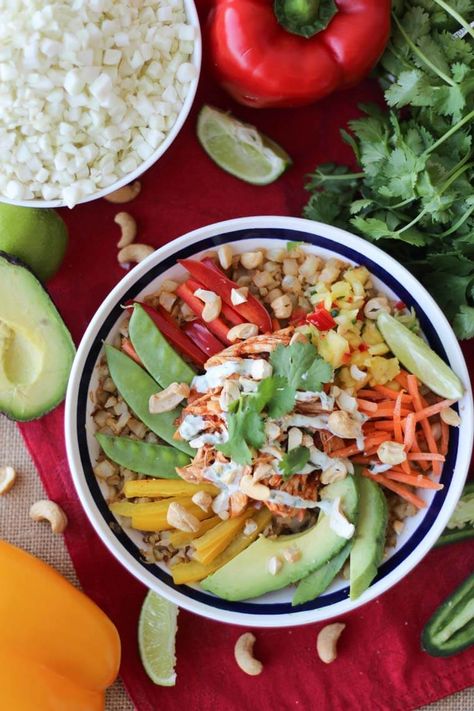 Paleo Cauliflower Rice Chicken Burrito Bowl with Dairy Free Cilantro Lime Crema Snacking Ideas, Cilantro Lime Crema, Meals Videos, Nourish Bowls, Mediterranean Bowls, Paleo Cauliflower, Lime Crema, Chicken Burrito, Low Carb Meal Prep