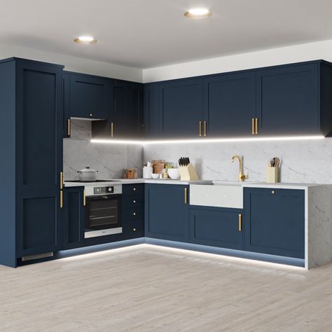 Howdens Chelford, Kitchen Howdens, Blue Kitchen Inspiration, Blue Kitchen Designs, Bilik Air, Navy Kitchen, Classy Kitchen, Kitchen Modular, Kabinet Dapur