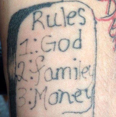 If Only Their Familey Had Warned Them - Number 2 should have been "Education." Misspelled Tattoos, Fierce Tattoo, Terrible Tattoos, Father Tattoos, Omerta Tattoo, Chinese Tattoo, Tattoo Fails, Bad Tattoos, Face Tattoos