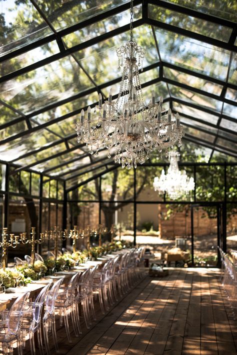 A Gorgeous Glass Marquee Wedding in the Woods: JJ & Hanli | OneFabDay.com Glass Marquee Wedding, Glass Marquee, Greenhouse Wedding, Greenhouse Plans, Tables And Chairs, Marquee Wedding, Gorgeous Glass, Wedding In The Woods, Forest Wedding