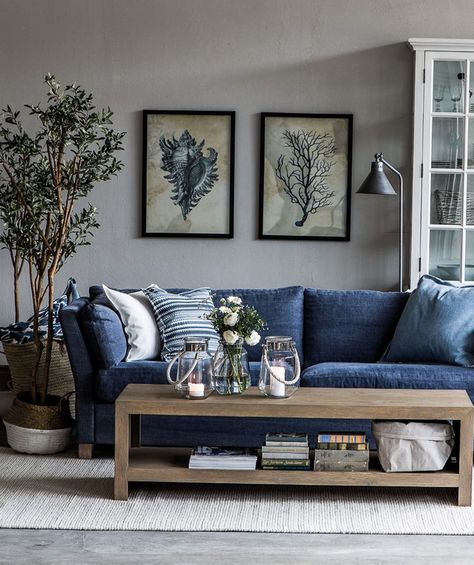 Denim Sofa Love Blue Grey Living Room, Blue Furniture Living Room, Blue Couch Living, Blue Sofa Living, Blue Sofas Living Room, Blue Couch Living Room, Grey Walls Living Room, Navy Living Rooms, Blue Living Room Decor