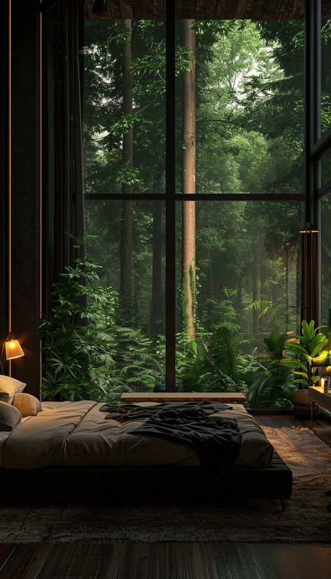 Forest Bedroom Aesthetic Modern, Forest Green House Interior, Dark Forest Room, Green Modern Bedroom, Forest Aesthetic Bedroom, Forest Bedroom Aesthetic, Modern Eclectic Interior Design, Window Scenery, Modern Eclectic Interior