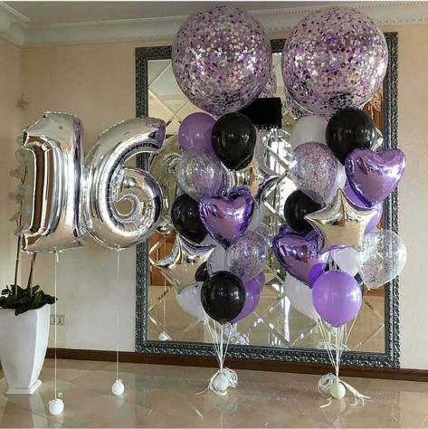 Silver Purple Birthday Theme, Birthday Balloons For Him, Milestone Balloons, Sweet 16 Party Decorations, Purple Birthday Party, Birthday Purple, 18th Birthday Decorations, 16th Birthday Decorations, 16 Balloons