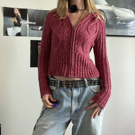 Cable knit double zip hoodie 💕 Details: Heather... - Depop Knitted Zip Up Sweater, Knit Zipper Sweater, Hoodie Details, Knitted Hoodie, Sweater Jeans, Zipper Sweater, Pink Knit Sweater, Pink Knit, Zippered Sweater