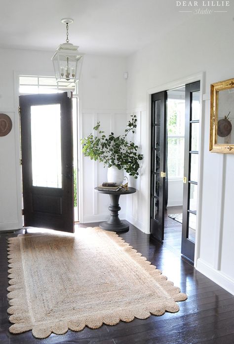 Making Over Our Entryway with Black Doors and Board and Batten - Dear Lillie Studio Foyer With Board And Batten, Entryway With Doors On Both Sides, Entry Way With Windows, Foyer Doors Entryway, Wall Facing Front Door Entrance, Entryway Black Door, Creating Entryway In Open Floor Plan, Office Off Entryway, Large Open Entryway Ideas