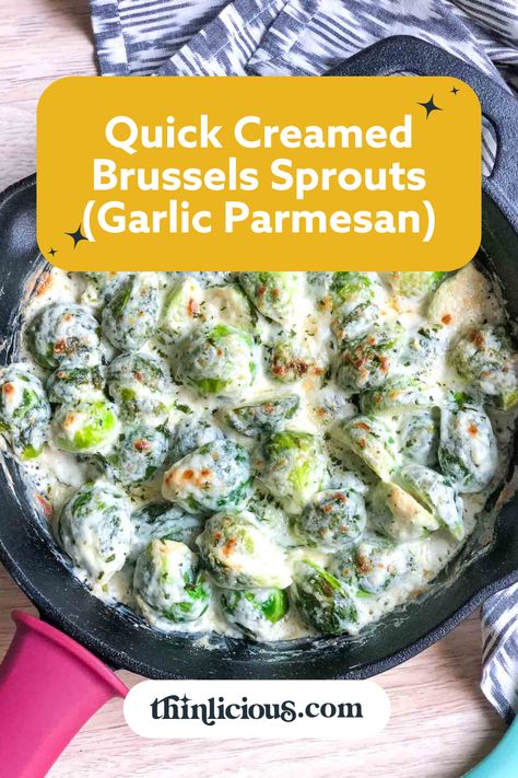 EASY tender garlic creamed Brussels sprouts with parmesan are the perfect delicious cheesy side dish. Creamy Brussel Sprouts, Parmesan Brussels Sprouts, Garlic Brussel Sprouts, Keto Creamed Spinach, High Protein Vegetables, Side Dishes For Salmon, Baked Asparagus, Sprout Recipes, Brussels Sprouts Recipe