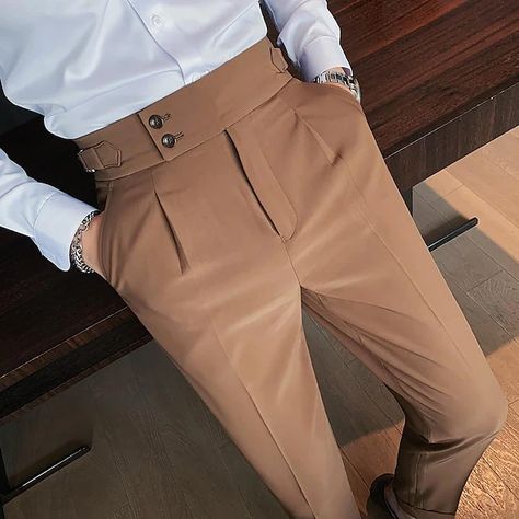 Suits Details, Trousers Men Formal, Men's British Style, Handsome Clothes, Business Casual Suit, High Waist Trousers, Spring Suit, White Clothing, Formal Pants