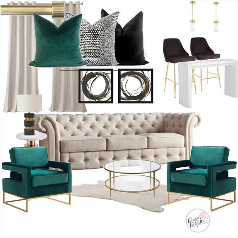 Bougie On A Bougette Designs on Instagram: “Black and white living room design with a pop of green! 💚 Shop this look by following me on the LIKEtoKNOW.it app!…” Emerald Green And Blush Living Room, Cream And Emerald Green Living Room, Cream And Green Sofa, Emerald Green And Neutral Living Room, Emerald And Cream Living Room, Green And Cream Decor, Emerald Green Salon Decor, Emerald Green Apartment Decor, Emerald And Gold Living Room