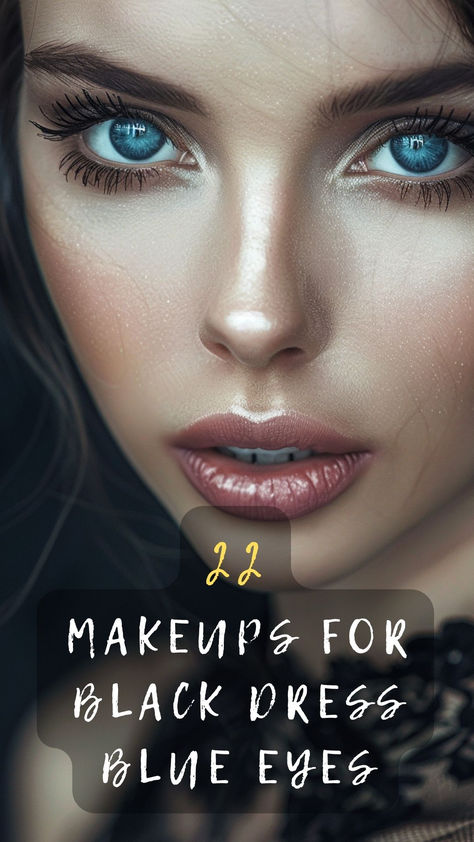 Make your blue eyes shine with the perfect makeup for your black dress. Click for 22 captivating looks! ✨🖤 #BlueEyesShine #BlackDressGlam #HighlightEyes #CaptivatingLooks #MakeupTips Smoky Eyes For Blue Eyes, Dark Makeup Looks For Blue Eyes, Wedding Makeup For Blue Eyes Dark Hair, Black Tie Formal Makeup, Dark Eyeshadow Looks For Blue Eyes, Makeup For Navy Blue Dress, Makeup Looks Blue Eyes, Vamp Makeup, Dark Hair Blue Eyes