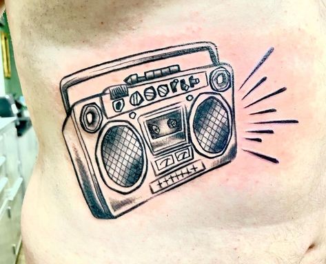 Boombox Tattoo, Radio Tattoo, Tattoo On Chest, Chest Tattoos, Bicep Tattoo, Sternum Tattoo, Music System, Chest Tattoo, Tattoo Idea