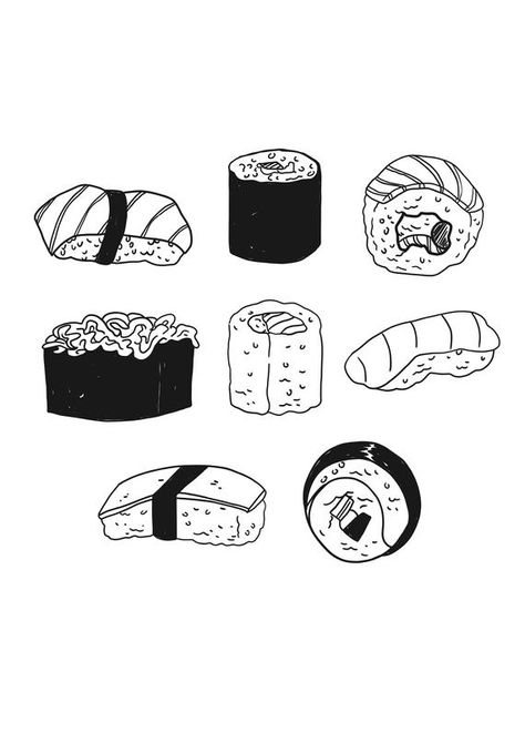 A5 Black & White Sushi Print Sushi Drawing, Clean Eating Meals, Japanese Food Illustration, Tin Recipes, Chocolate Sculptures, Food Sushi, Leftover Pork, Decoration Restaurant, Food Sketch