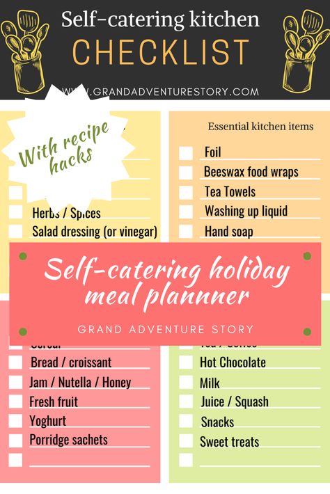 Self-catering holidays are a popular choice for families but how do you feed the family and have a relaxing holiday? Here are our tips to having a relaxing self-catering holiday, including self-catering holiday meal ideas and recipe hacks. Includes free printable kitchen checklist, meal plan top tips, easy family recipes and food ideas. Self Catering Meal Ideas, Self Catering Holiday Meal Ideas, Self Catering Holiday Packing List, Holiday Meal Ideas, Holiday Meal Planner, Meal List, Kitchen Checklist, Cottage Meals, Holiday Packing Lists