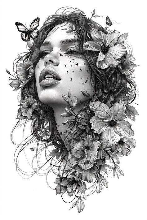 Lady Nature Tattoo, Fairy Portrait Tattoo, Portrait With Flowers Tattoo, Woman With Flowers Tattoo, Lady Face Tattoo Design, Woman Face Tattoo Design, Moments Tattoo, Woman Stencil, Woman Face Tattoo