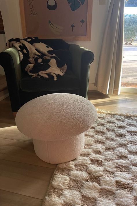 Sherpa Stool, Cottagecore Chair, Checkered Ottoman, Diy Mushroom Stool, Off White Decor, Condo Aesthetic, Sherpa Ottoman, Mushroom Ottoman, Cottagecore Interior Design