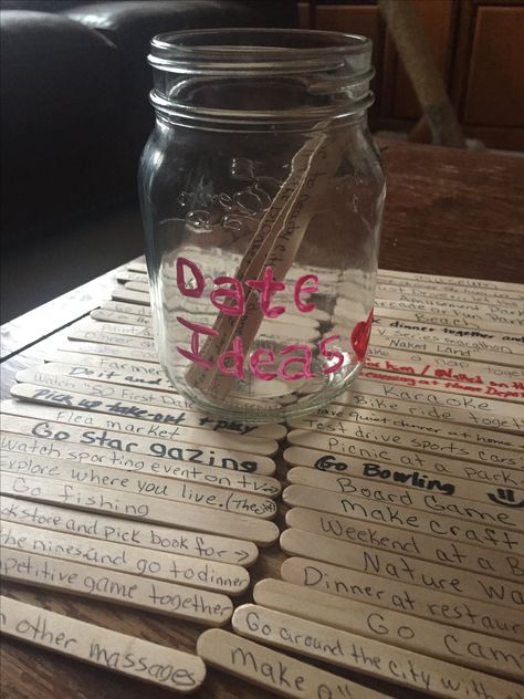 Date Night Ideas Jar Made at bridal shower. Had attendees to write a date idea on popsicle stick. Date Night Ideas Jar, Dates In A Jar, Date Idea, Date Night Ideas, Popsicle Stick, Night Ideas, Popsicle Sticks, Popsicles, Date Night