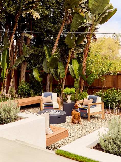 This Revamped L.A. Backyard Shouts Pure Summer (And There’s Not a Pool in Sight) Drought Resistant Landscaping, Large Pavers, Sloped Backyard, Stock Tank Pool, Fire Pit Area, Low Maintenance Landscaping, Large Yard, Garden Help, Wildflower Garden