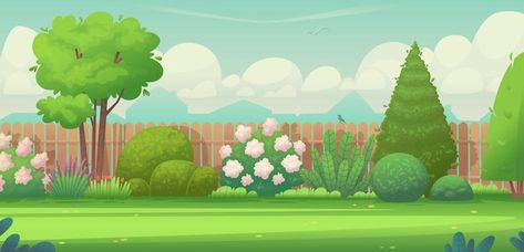 Backyard garden trees bushes cultivated ... | Premium Vector #Freepik #vector #backyard-garden #backyard #yard #garden-illustration Backyard Illustration, Yard Illustration, Backyard Background, Fence House, Cartoon Garden, House Poster, Cartoon Bird, Business Card Set, Cartoon Trees