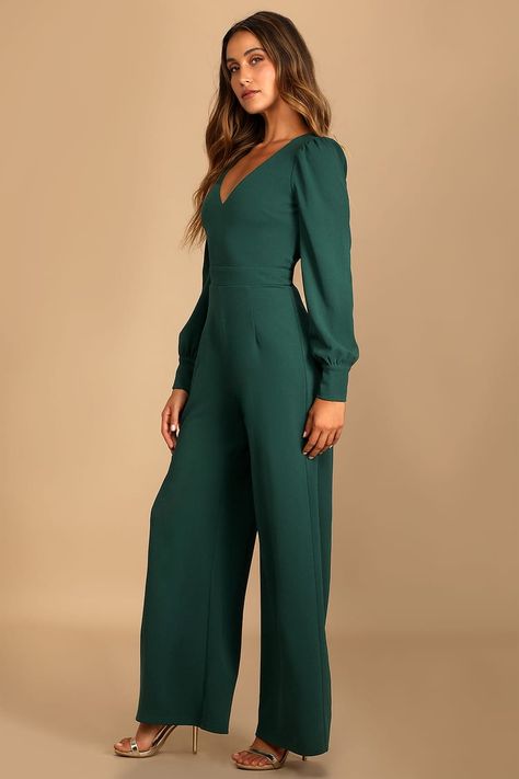 Emerald Green Jumpsuit - Wide-Leg Jumpsuit - V-Neck Jumpsuit - Lulus Fancy Romper Long Pants, Green Jumpsuit Outfit, Wedding Guest Jumpsuit, Green Wedding Guest Dresses, Emerald Green Jumpsuit, Jumpsuit Outfit Wedding, Jumpsuit Lulus, Jumpsuit Wedding Guest, Jumpsuit Winter