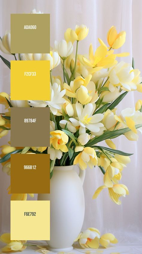 Colors: ADA060 ° F2CF33 ° 89784F ° 966B12 ° F6E792 Wishing you the best of luck as you make something awesome with this palette. Please share and save this if you found it useful!⁣⁣ Yellow And White Flowers, Yellow Palette, Hex Color Palette, Yellow Colour Scheme, Color Palette Yellow, Color Schemes Colour Palettes, Hue Color, Best Of Luck, Tulips In Vase