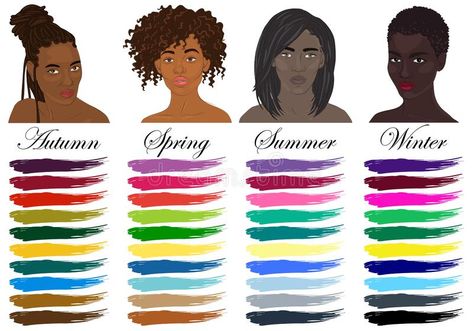 Seasonal color analysis. Set of vector black women with different types of female appearance royalty free illustration Neutral Skin Tone, Colors For Dark Skin, Seasonal Color Analysis, Skin Color Palette, Black Person, Dark Skin Women, Color Analysis, Human Connection, Season Colors