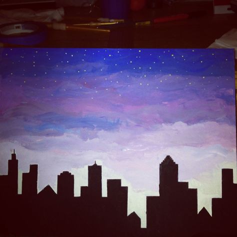 City Skyline Silhouette Painting, Easy New York Painting, City At Night Painting Easy, City Skyline Painting Easy, Nighttime Painting, City Skyline Painting, Nighttime City, Firework Painting, Skyline Painting