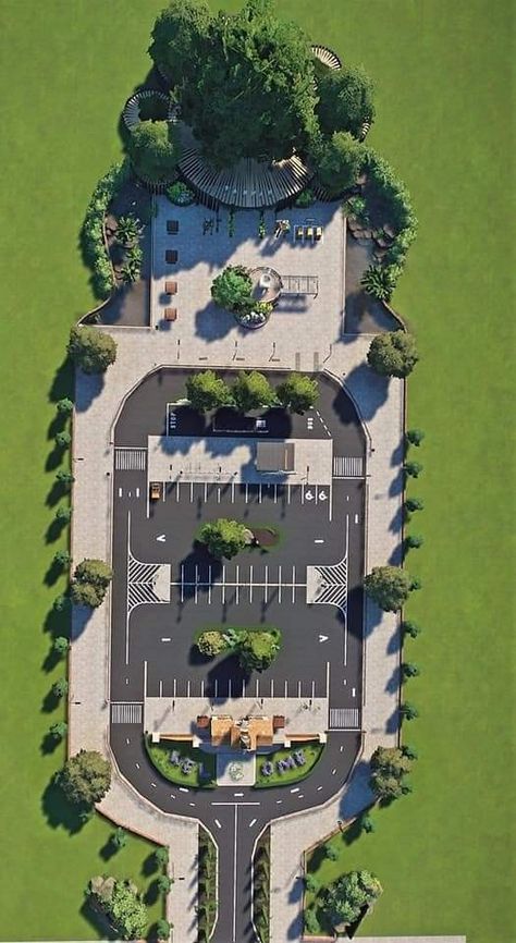 Planet Zoo Parking Lot, Landscape Parking Design, Parking Lot Design Architecture, Park Entrance Design Landscape, Parking Plan Architecture, Parking Entrance Design, Zoo Design Architecture, Planet Coaster Entrance, Parking Design Plan