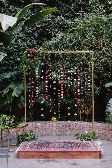 Hanging Flowers Arch, Hanging Flower Arch, Platform Wedding Ceremony, Wedding Ceremony Backdrop Diy, Millwick Wedding, Hanging Flowers Wedding, Buddhist Wedding, Wedding Platform, Wedding Altar