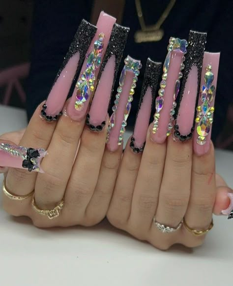 Nails With Pink Gems, Black Nails With Pink, Long Exotic Nail Designs, Baddie Nails Long, Xxl Nails, Nails With Pink, Blessed Tattoos, Nail Therapy, Evil Eye Nails