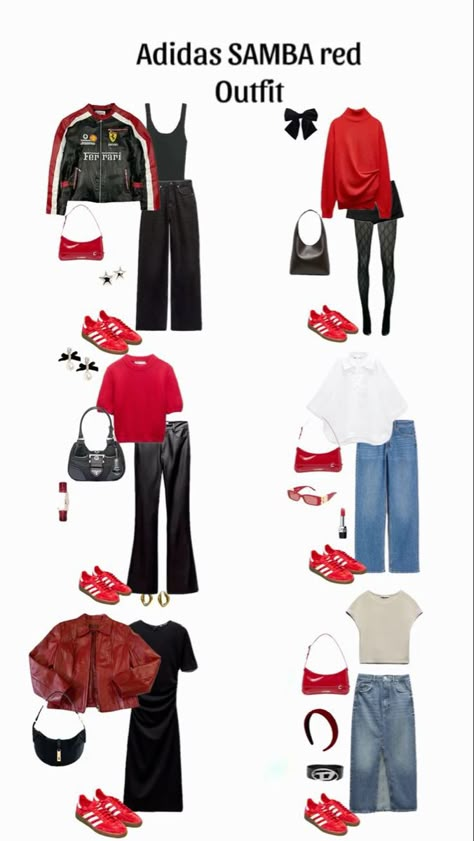 Gazelle Red Adidas Outfit, Red Samba Outfits Women, How To Style Red Sneakers, Red Sambas Adidas Women Outfit, Outfits With Red Adidas, Red And Blue Gazelle Adidas Outfit, Red Gazelles Outfit, Outfits With Pops Of Red, Outfits With Red Sambas