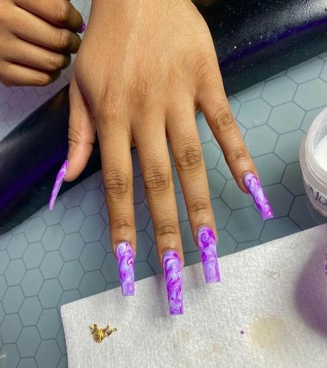 Swirl Tie Dye Nails, Purple Nails Long Square, Very Bright Nails, Purple Initial Nails, Purple Medium Nails, Purple Nails With Initial, Purple Tie Dye Nails, Purple Acrylic Nails Coffin, Lavender Purple Nails