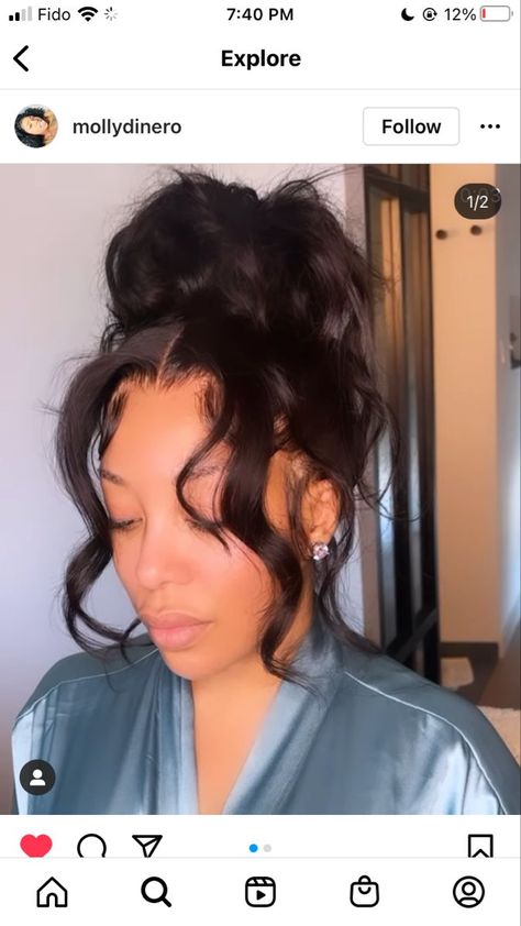 Messy bun with side bangs Hair Ponytail Styles With Bangs, Frontal Ponytail With Two Bangs, Bun With Side Part Black Women, Bun With Bangs Black Women Weave, Messy Weave Bun For Black Women, Bun Updo With Bangs For Black Women, High Bun With Curly Bangs, 2 Bangs And Bun Weave, Black Messy Bun Hairstyles