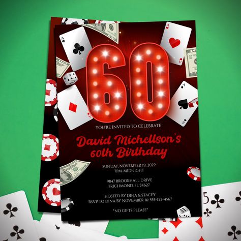 "60th Birthday Casino invitation, 60th invitation Casino Theme, Poker Party, Casino Theme Invitations for Birthday by PYOP.  This is for an editable invitation template as shown.  Web-based template:  you can download and personalize this invitation as soon as you checkout, through any browser, on any computer or phone with wifi.  * All text underneath \"60\" is editable * You can change colors, sizes and fonts of all text.  (graphics are not editable) * The coordinating back design is included Dominos Theme Party Birthday, Casino Theme Invitations, Invitations For Birthday, Casino Birthday Party, Prince Baby Shower Invitations, Casino Birthday, 90th Birthday Invitations, 70th Birthday Invitations, Poker Party