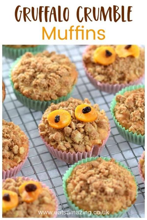 Cute and easy Gruffalo Crumble Muffins recipe - perfect for Gruffalo themed party food or World Book Day #EatsAmazing #Gruffalo #partyfood #muffins #kidsfood #funfood #cutefood #cookingwithkids #worldbookday #foodart #easyrecipe Gruffalo Crumble, Gruffalo Activities, Batman Cupcakes, Gruffalo Party, Crumble Muffins, Minion Cupcakes, Crumble Recipe, Kids Party Food, Sweet Treats Recipes