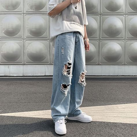 Mr. Right Distressed Wide-Leg Jeans | YesStyle Wide Leg Ripped Jeans, Street Style Denim, Wide Leg Jeans Outfit, Moda Denim, Ripped Pants, Denim Jeans Men, Baggy Pant, Casual Street Style, Wide Leg Denim