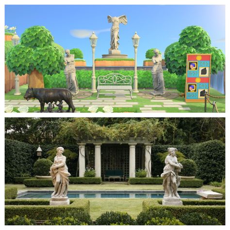 Acnh Sculpture Garden, Animal Crossing Statue, Statue Garden, Roman Statue, Acnh Design, Roman Baths, Garden Area, Garden Animals, Disney Animals