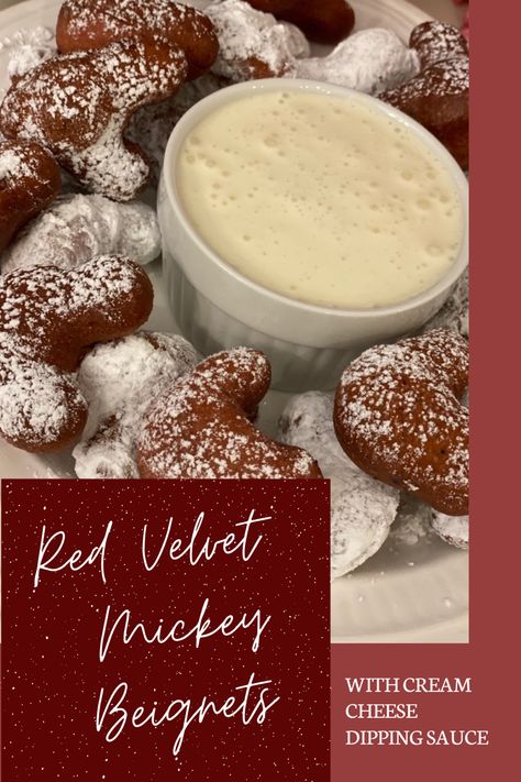 Red velvet Beignets with cream cheese dipping sauce. . . . #recipe #dessert #beignet #redvelvet #valentinesday #valentinesrecipe Cream Cheese Dipping Sauce Desserts, Beignet Dipping Sauce, Cream Cheese Dipping Sauce, Mickey Beignets, Cheese Dipping Sauce, Fall Lake, Beignet Recipe, Red Velvet Recipes, Disney Eats