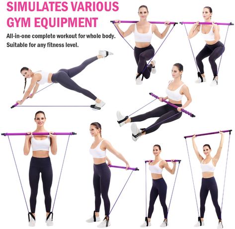 AmazonSmile : Viajero Pilates Bar Kit for Portable Home Gym Workout - 2 Latex Exercise Resistance Band - 3-Section Sticks - All-in-one Strength Weights Equipment for Yoga Body Fitness Squat with E-Book & Video : Sports & Outdoors Pilate Workouts, Bar Pilates, Stick Workout, Bar Workouts, Pilates Barre Workout, Aqua Aerobics, Pilates Bar, Weight Equipment, Fitness Studio Training