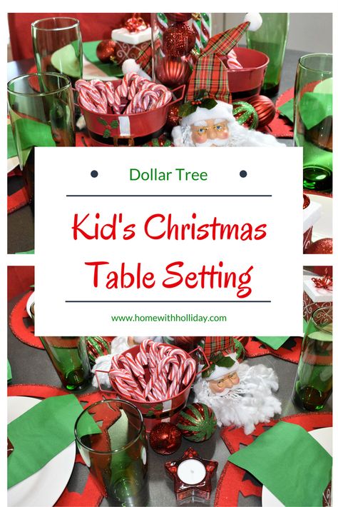 Kid Christmas Table Decor, Kids Xmas Table Setting, Christmas Table Settings For Kids, Kids Christmas Table Decorations, Kids Christmas Party Centerpieces, Whimsical Christmas Table Setting Ideas, Kids Table Christmas Decorations, Christmas Table For Kids, Kids Christmas Party Table Decor