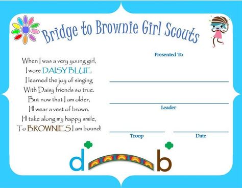 bridging from daisy to brownie certificate - Google Search | Brownie ... Bridge To Brownie Certificate, Daisy To Brownie Bridging Certificate, Daisy Bridge To Brownies, Daisy Bridging To Brownies, Daisy Bridging Ceremony, Bridging To Brownies, Girl Scout Daisy Petals, Girl Scout Daisy Activities, Bridging Ceremony