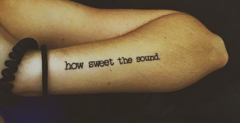 How Sweet The Sound Tattoo, Amazing Grace Tattoo, Amazing Grace Song, Grace Tattoo, Grace Tattoos, Song Tattoos, Typewriter Font, Amazing Grace, Leg Tattoos