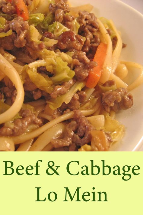 Stir-Fried ground beef and Savoy cabbage with noodles for an easy #MainCourse #BeefLoMein #StirFryGroundBeef #RecipesForTwo Ground Beef Lo Mein Recipe Easy, Ground Beef Lo Mein Recipe, Ground Beef Chow Mein Casserole, Cabbage Lo Mein, Cabbage With Noodles, Ground Beef Lo Mein, February Dinners, Easy Lo Mein, Beef Lo Mein Recipe