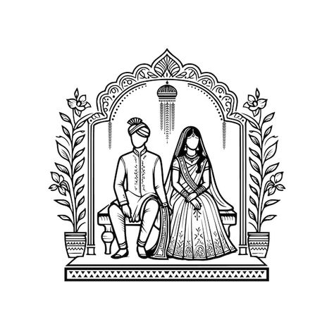 Vector bride and groom getting married i... | Premium Vector #Freepik #vector #bride-groom #wedding-invitation #wedding-logo #indian-couple Wedding Sketch Couple, Indian Wedding Drawing, Indian Wedding Painting, Wedding Couple Drawing, Indian Wedding Clipart, Wedding Drawings, Bride And Groom Clipart, Bridal Illustration, Couple Illustration Wedding