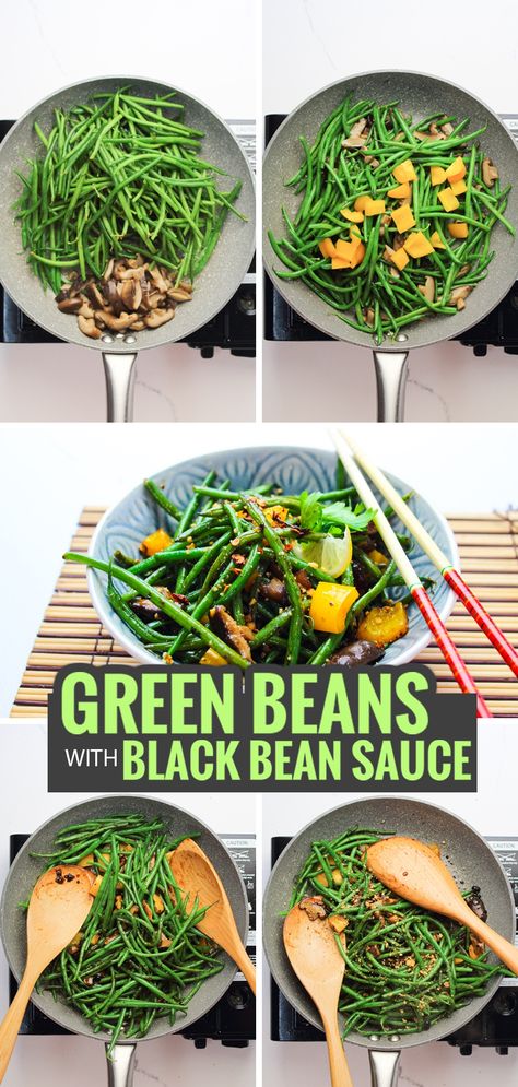 Black Bean And Garlic Sauce Recipe, Black Bean Garlic Sauce Recipe, Savory Green Beans, Black Bean Garlic Sauce, Tofu Green Beans, Vegan Greens, Black Bean Sauce Recipe, Green Beans And Mushrooms, Stir Fry Green Beans