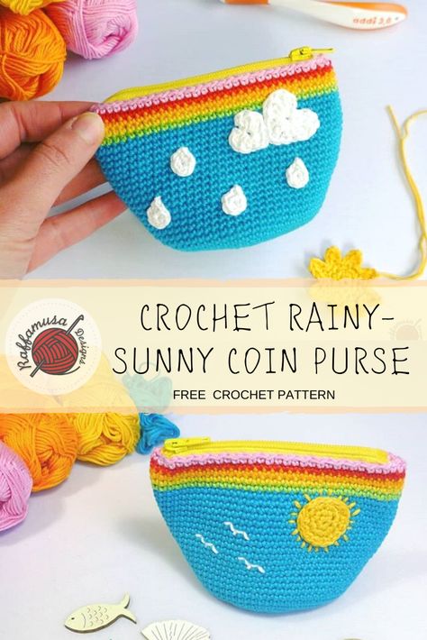 The Crochet Rainy-Sunny Coin Purse is easy and fun to crochet. And remember, it's always sunny somewhere in the world! But the rain is not so bad either! #coin #purse #rainbow #crochet #cloud #heart #sun #rainy #bag #sunny #uncinetto #cotton #schachenmayr #zipperbag #coinpurse #crochetpouche #pouche #borsellino #haken Coin Purse Crochet Pattern, Crochet Studio, Purse Patterns Free, Crochet Hairband, Coin Purse Pattern, Crochet Coin Purse, Crocheted Bags, Crochet Rainbow, Bags Pattern