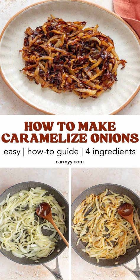 Super easy to make and packed with flavour, caramelized onions are onions that have cooked on the stove low and slow, turning golden and sweet. Types Of Onions, How To Cut Onions, Carmelized Onions, Onion Recipes, Cooking Basics, Vegetarian Paleo, Sweet Onion, Caramelized Onions, 4 Ingredients