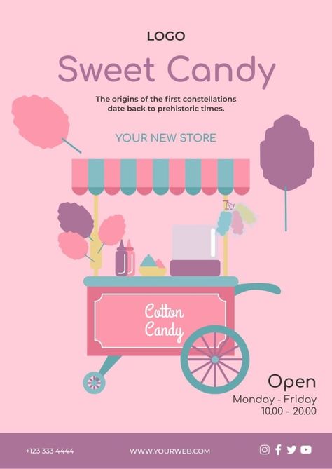 Flat Sweet Cotton Candy Poster Cotton Candy Branding, Cotton Candy Illustration, Sketchbook Tutorial, Candy Lady, Candy Logo, Candy Poster, Cute Store, Instagram Photo Frame, Candy Brands