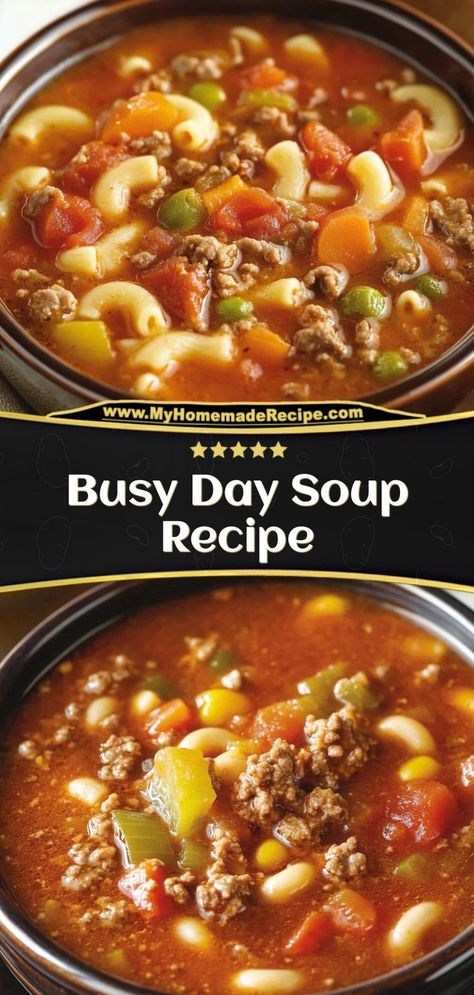 Busy Day Soup is an easy, comforting dish made with ground beef, veggies, and pasta. Perfect for when you need a quick, hearty meal! Ingredients: 1 lb ground beef, cooked 4 cups beef broth 1 cup mixed frozen vegetables 1 cup pasta (such as ditalini or macaroni) Serve this soup for a simple, delicious dinner on busy nights Beef And Tomato Macaroni Soup Instant Pot, Easy Macaroni Soup Recipes, Dump And Go Crockpot Lasagna Soup, Vegetable Macaroni Soup, Sirloin Soup Recipe, Poor Mans Soup Ground Beef, Busy Day Soup Recipes Crockpot, Soup Using Half And Half, Ground Beef Pasta Soup Recipes