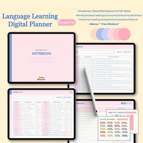 Language Learning Planner and Notebook | Grammar Digital Notebook | Ebbinghaus Planner | Vocabula... templatesforweeklyplanner #planneressentials #plannersandorganizers #businessplannerprintables🌱 Language Learning Planner, Notes Cornell, Notebook Study, Vocabulary Notebook, Learning Template, Goodnotes Notebook, Interactive Calendar, Digital Bullet Journal, Planner Apps