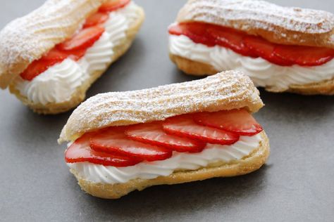 Strawberries and cream is the perfect match – the juiciness of the strawberries combines perfectly with the creaminess of the cream, and together it creates a wonderful and so easy to make dessert. These eclairs are taking it to the next level – golden and crispy eclairs filled with lots of whipped vanilla cream and … Eclair Cream, Eclair Recipe, Easy To Make Desserts, Icebox Cake, Chocolate Muffins, Cream Puffs, Eclairs, Strawberries And Cream, Stick Of Butter